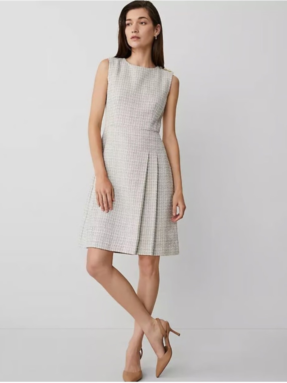 NWT Ann Taylor Boucle Tweed Sleeveless Pleated A-Line Dress Career Grey 8P